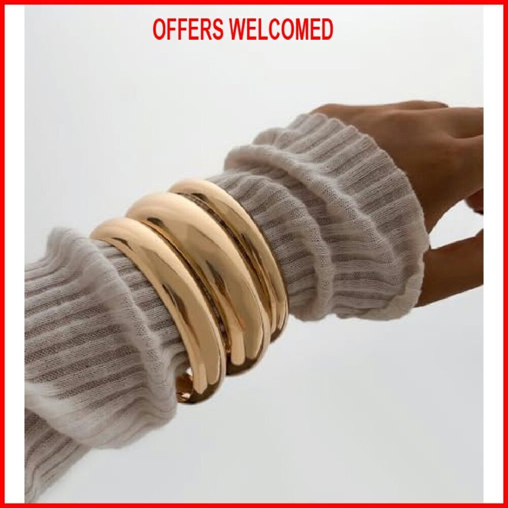 Chunky Gold Plated Bangle Bracelet Set Stackable Minimalist Fashion - Picture 7 of 8